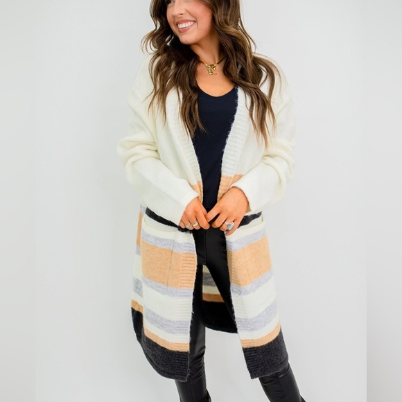 Entro Color Block Longline Open Front Knit Cardigan Beige Tan Grey Black Large - Picture 1 of 7